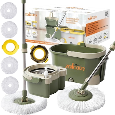 ممسحة دوارة ودلو مع عصارة من زالكون، مقبض تلسكوبي لتنظيف الارضيات، دلو ممسحة دوار 360 درجة مع مقبض وقاعدة اضافية للممسحة و4 وسادات ممسحة من المايكروفايبر وفرشاة تنظيف واحدة (اخضر زيتوني)