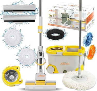 Zalcoon Spin &amp; Sponge Mop And Bucket With Wringer Set, 360&deg; Spinning Mop And 33cm Sponge Mop, 2 Extra Refill For Spin &amp; 2 Extra Refills For Sponge Mop, Mop Slippers &amp; Scrub Brush (Grey)