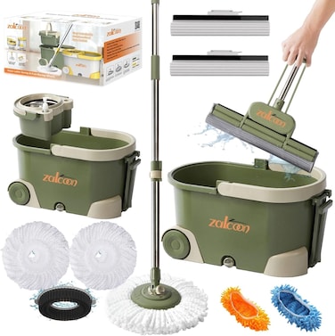 Zalcoon Spin &amp; Sponge Mop And Bucket With Wringer Set, 360&deg; Spinning Mop And 33cm Sponge Mop, 2 Extra Refill For Spin &amp; 2 Extra Refills For Sponge Mop, Mop Slippers &amp; Scrub Brush (Olive Green)