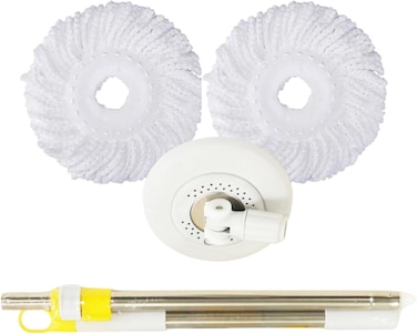 ممسحة دوارة بمقبض وقاعدة تلسكوبية لتنظيف الارضيات من زالكون، دلو ممسحة دوارة 360 درجة مع 2 ممسحة مايكروفايبر قابلة لاعادة التعبئة (رمادي)