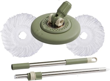 ممسحة دوارة بمقبض وقاعدة تلسكوبية لتنظيف الارضيات من زالكون، دلو ممسحة دوارة 360 درجة مع 2 ممسحة من المايكروفايبر (اخضر زيتوني)