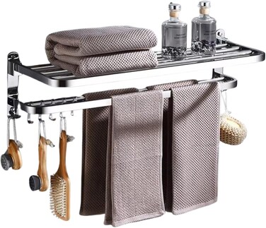 رفوف مناشف للحمام من زالكون، 40 × 23 × 18 سم، رف منشفة مع حامل منشفة مع 4 خطافات، منظم تخزين المناشف للحمام والمرحاض يثبت على الحائط للمنشفة والروب (304)