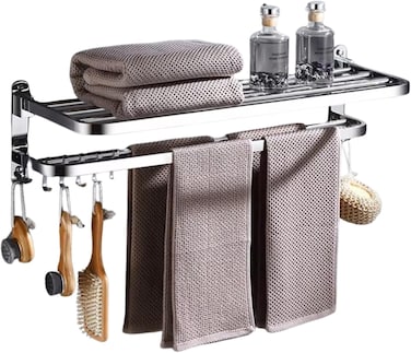 Zalcoon Towel Racks For Bathroom, 80X23X18cm Towel Shelf With Towel Bar Towel Holder With 5 Hooks Towel Storage Organizer For Bathroom &amp; Lavatory Wall Mounted (304)