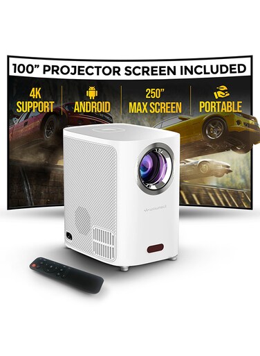 Wownect - Smart Mini Android Projector 5500 Lumens With 100" Projector Screen included Built-in Dual Hi-Fi Speakers Supported 1080P (60FPS) Portable Projector 4K