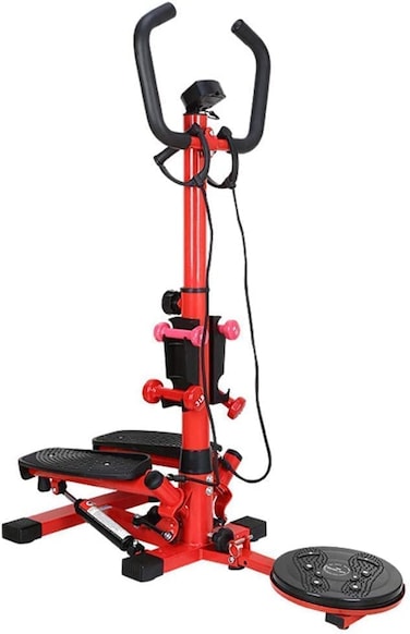 ULTIMAX 3-in-1 Multifunctional Stepper with Ropes - Adjustable Folding Aerobic Stepper for Home &amp; Gym, Arms &amp; Legs Workout, Waist Twister &amp; Digital Monitor - Red