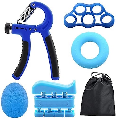 ULTIMAX Hand Grip Strengthener Set - 6 PCS Adjustable Hand Gripper Kit with Storage Pouch, Finger Exerciser, Therapy Ball, &amp; Grip Exercise Ring - Blue