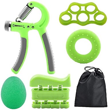 ULTIMAX Hand Grip Strengthener Set - 6 PCS Adjustable Hand Gripper Kit with Storage Pouch, Finger Exerciser, Therapy Ball, &amp; Grip Exercise Ring - Green