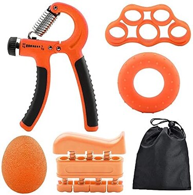 ULTIMAX Hand Grip Strengthener Set - 6 PCS Adjustable Hand Gripper Kit with Storage Pouch, Finger Exerciser, Therapy Ball, &amp; Grip Exercise Ring - Orange