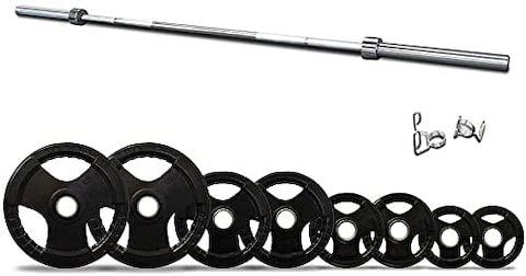 ULTIMAX 7ft Olympic Barbell Bar &amp; 120kg Tri-Grip Rubber Weight Plates Set for Home Gym, Body Pump, Weightlifting &amp; Strength Training