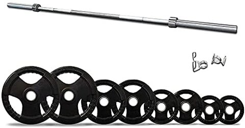 ULTIMAX 7ft Olympic Barbell Bar with Tri-Grip Rubber Weight Plate Set for Home Gym, Body Pump, Weightlifting &amp; Strength Training &ndash; 100kg