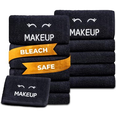 White Classic Bleach Safe Black Makeup Washcloths for Face Cleansing, 12 Pack - Super Soft Luxury Cotton Black Makeup Towels, Highly Absorbent and Quick Dry, All Makeup Remover Cloth, 13 x 13