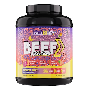 Sporter Beef Protein Isolate - High Protein, Low Carb - Alternative to Whey &amp; Vegan Protien - For Muscle Growth &amp; Recovery (4 lb - 60 Servings, Tropical Fruit)