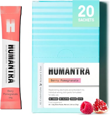 Humantra Electrolytes Powder - Berry Pomegranate Flavor, 20ct - Powdered Hydration Sachets - Plant-Based Electrolyte Powder with 6 Electrolytes - Vegan, Sugar Free, Gluten Free