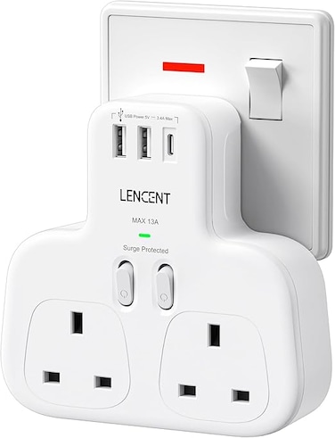LENCENT Double Plug Adaptor with 1 USB C and 2 USB Ports, 2 Way Wall Plug Extender, Multi Socket Extension Surge Protected for Household Appliances, iPhone, Smartphones, Tablets, 13A 3250W
