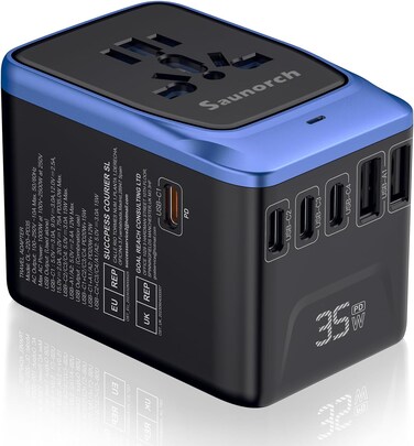 SAUNORCH Universal Travel Adapter, PD 35W 7 in 1 International Power Plug Adapter with 7.0A 4 USB-C and 2 USB-A Fast Wall Charger, Worldwide AC Outlet for US Europe UK AUS (Black+Blue)
