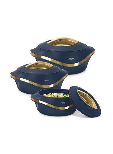 Inner Stainless Steel Casserole Hot Pot Set of 3 (455 ml, 860 ml, 1270 ml) &acirc;&euro;&ldquo; Serving Bowls with Lids for Hot Food, PU Insulated Design Keeps Food Warm for Hours, Pearl Regular, Blue Blue