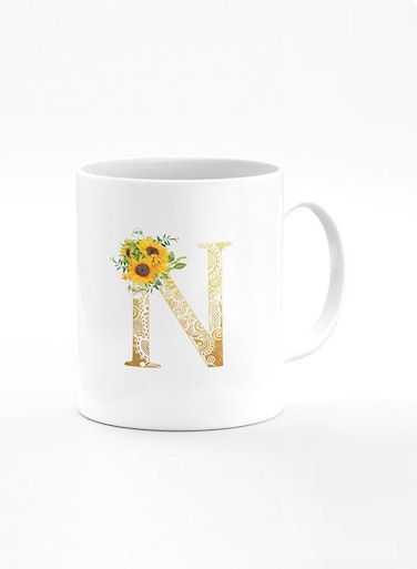 Designer Printed Coffee Mug 11oz Ceramic Personalised Gift Mugs Cup Custom Monogram Initial Letter Floral Pattern Alphabet N (White)