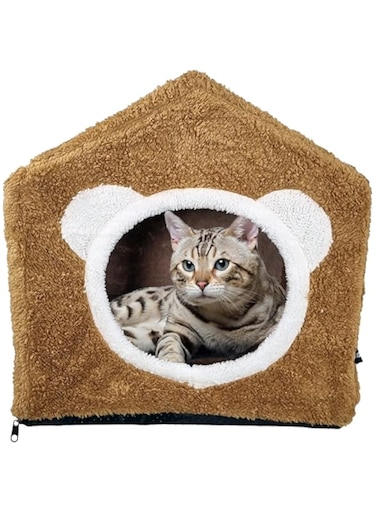 MAJIBAO Cat Bed, Pet Bed, plush and soft, cozy cats, Kitten bed, Foam cushioned, portable, Warmth Design, stylish, Good looking, Indoor, Easy to Clean, Brown &amp; White color, 43 cm height