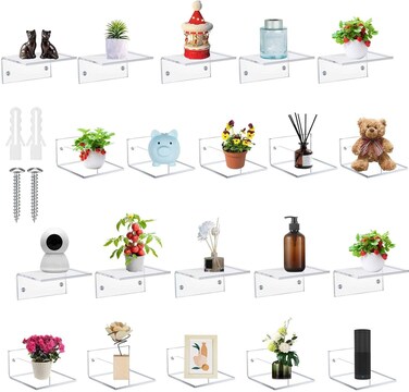 Juexica Small Acrylic Floating Shelves - 20 Pcs Wall Mounted Shelves for Bathroom, Bedroom, Living Room, Office (White)