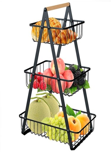 3-Tier Metal Fruit Basket with Wooden Handle, Detachable Fruit &amp; Vegetable Storage Rack for Kitchen Counter, Large Capacity Bread Snack Organizer Stand &acirc;&euro;&ldquo; Black Iron Frame