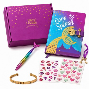 Life is a Doodle Diary with Lock and Key - Mermaid Gratitude Journal for Empowering HeartsMinds - Self Expression Daily Journal Notebook with Lock - Cute Notebook for Girls Keeps Secrets Safe