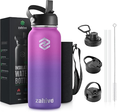 Zahive Stainless Steel Water Bottle 1l with 3 Lids &amp; Bag - Insulated Water Bottle with Straw - 1000ml Double Wall Thermos Flask for Travel Hot &amp; Cold Drinks, Sports, Gym, Leak Proof (32oz, Purple)