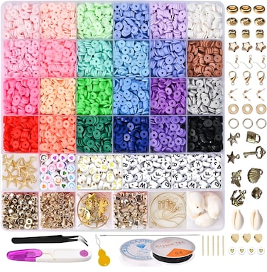 ESSENTIALS 360 Clay Beads Bracelet Making Kit, 6,000 Pcs 24 Colors DIY flat jewelry kit with Charms &amp; Elastic Strings for Necklace, Earing &amp; Jewelry, Polymer Heishi Beads Gift for Girls