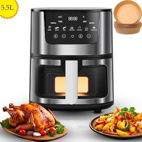 Jinou Airfryer 5.5L&ndash;Non-Stick bucket &amp; Digital Temperature Control&ndash;The smart fryer Ideal for Frying, Grilling, Roasting, Baking, &amp; Toasting Vegetables, French Fries, Meat &amp; Fish (10 free paper liners)