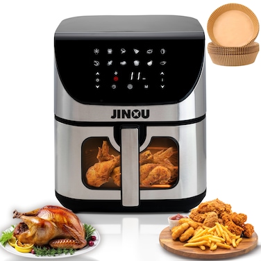 Jinou Air fryer 8L&ndash;Made with Non-Stick bucket &amp; Touch Panel&ndash;The window glass airfryer for Frying, Grilling, Roasting, Baking, Toasting, Veges, French Fries, Chicken, Meat &amp; Fish(10 free paper liners)