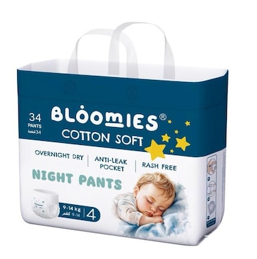 Bloomies Night Pants Size 4, 9-14kg, 34 Count, Rare Anti-Leak pocket, Cotton Fibers, Hypoallergenic Ultra-Soft Pants Skin Friendly, Leakage Protection, Non-toxic, 12h protection