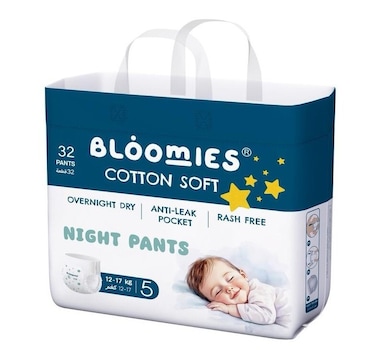 Bloomies Night Pants Size 5, 12-17kg, 32 Count, Rare Anti-Leak pocket, Cotton Fibers, Hypoallergenic Ultra-Soft Pants Skin Friendly, Leakage Protection, Non-toxic, 12h protection