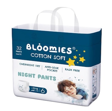 Bloomies Night Pants Size 6, 15+ kg, 32 Count, Rare Anti-Leak pocket, Cotton Fibers, Hypoallergenic Ultra-Soft Pants Skin Friendly, Leakage Protection, Non-toxic, 12h protection