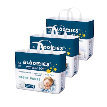 Bloomies Night Pants Size 4, 9-14kg, 102 Count, Rare Anti-Leak pocket, Cotton Fibers, Hypoallergenic Ultra-Soft Pants Skin Friendly, Leakage Protection, Non-toxic, 12h protection