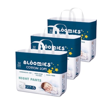 Bloomies Night Pants Size 5, 9-14kg, 96 Count, Rare Anti-Leak pocket, Cotton Fibers, Hypoallergenic Ultra-Soft Pants Skin Friendly, Leakage Protection, Non-toxic, 12h protection