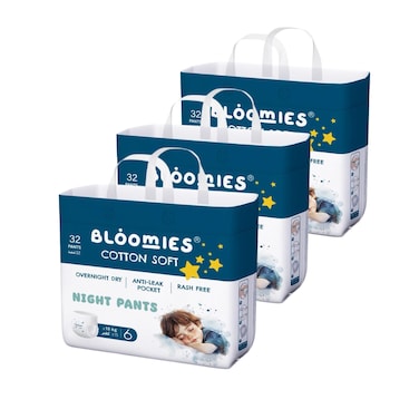 Bloomies Night Pants Size 6, 9-14kg, 96 Count, Rare Anti-Leak pocket, Cotton Fibers, Hypoallergenic Ultra-Soft Pants Skin Friendly, Leakage Protection, Non-toxic, 12h protection