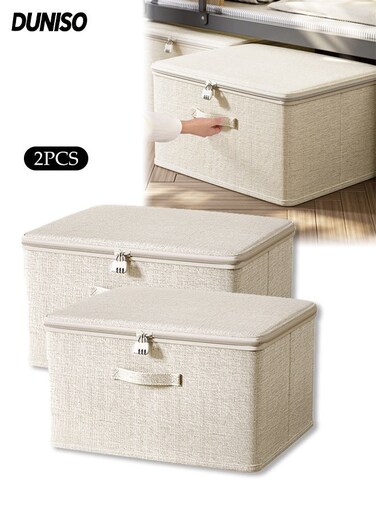 2PCS Storage Boxes with Zipper and Lid, Large Capacity Collapsible Linen Fabric Box, Wardrobe Clothes Organizing Containers for Bedding, Blankets, Toys
