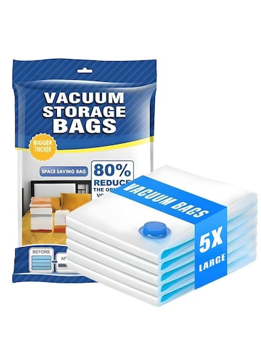 5 Pack Travel Vacuum Storage Bags &acirc;&euro;&ldquo; Travel Space Saver Compression Bags, Reusable Seal Bags for Luggage, Waterproof Clothing Organizer for Travel &amp; Home Large