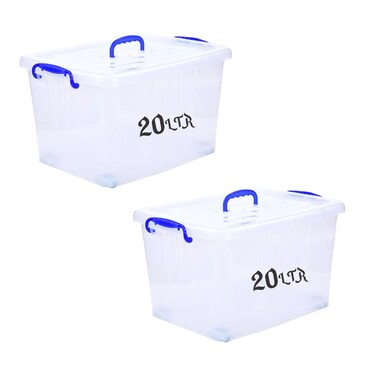 Hiware 20L 2 Pc Set Plastic Storage Box With Lid   Clear Lockable Storage Container With Handle   Stackable Transparent Storage Bin UAE   Small Organizer Box For Toys, Clothes, Kitchen, Tools   Durable Multipurpose
