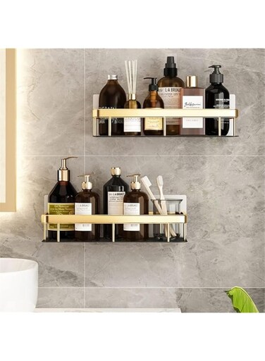 ROUNY 2pcs Floating Bathroom Shelves,Punch-Free Aluminum Rustproof Double-Layer Black Gold Shower Shelves，Bear 25lbs Large Capacity Wall Mounted Shelf for Bathroom Kitchen