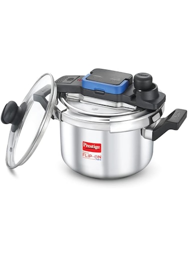 Prestige 5L Svachh FLIP-ON Stainless Steel Tri-ply bottom Pressure Cooker with glass lid Innovative lock lid with spillage control Gas &amp; Induction compatible 5 years warranty Silver