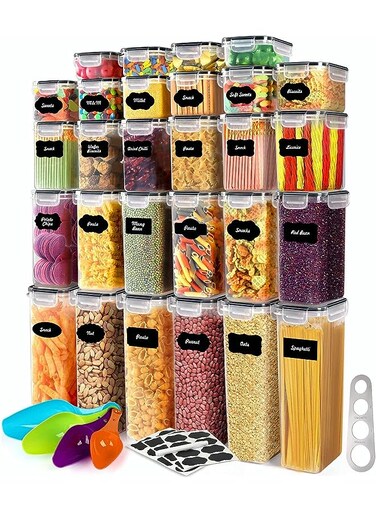 CREST Food Storage Containers 24 Pack, Airtight Food Storage Containers Set, BPA Free, Plastic Pantry Storage Containers with Lids, Labels,Marker, Spoon Set, Spaghetti Measurer Tool