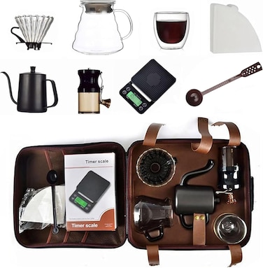 Pour Over V60 Coffee Set - 9 Pieces with Portable Carry Case, Coffee Kettle with Drip Filter Coffee Share Pot, Filters, Coffee Scale, Double wall Mug, Manual Coffee Grinder