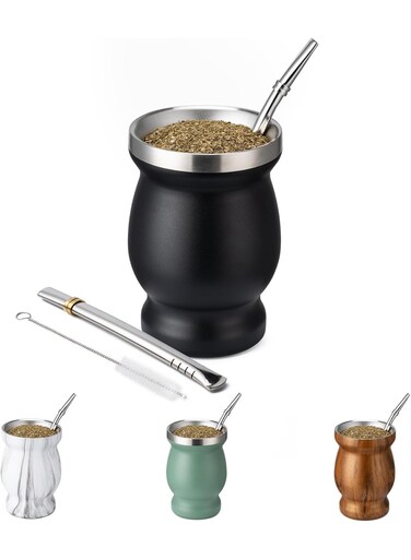 Yerba Mate Cup, 304 Stainless Steel Double-Wall Mate Cup, Heat Insulation Yerba Mate Gourd, Tea Cup Set Includes Cleaning Brush &amp; 2 Bombillas (Black)