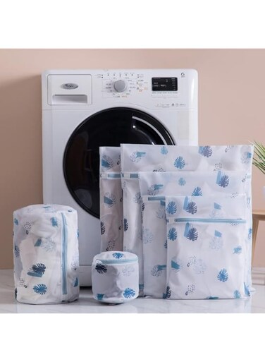 6 Pcs Durable Honeycomb Mesh Laundry Bags, Laundry Bra Lingerie Blue Leaf Printing Mesh Wash Bags for Delicates