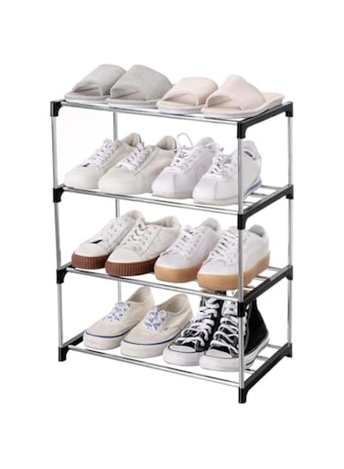 ALMEKAQUZ 4 Tier Tall Shoe Rack, Stackable Shoe organizer, Metal Space Saving Shoe Shelf, Adjustable Shoe Shelf Storage Organizer, Shoe Shelf for Entryway, Closet, Garage, Bedroom, Cloakroom (Black)