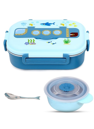 OneLine Lunch Box for Kids School, Stainless Steel flatware set with soup bowl and spoon, Bento kids Lunch Box with sea world theme, leak proof, durable snack container for adult children
