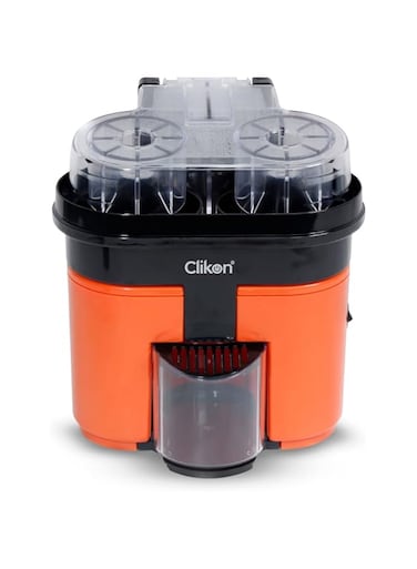 Clikon 2 in 1 Citrus Juicer with Dual Squeezer Technology, One Touch Operation, Built-in Citrus Slicer, 90 Watts, 2 Years Warranty, Orange and Black - CK2258