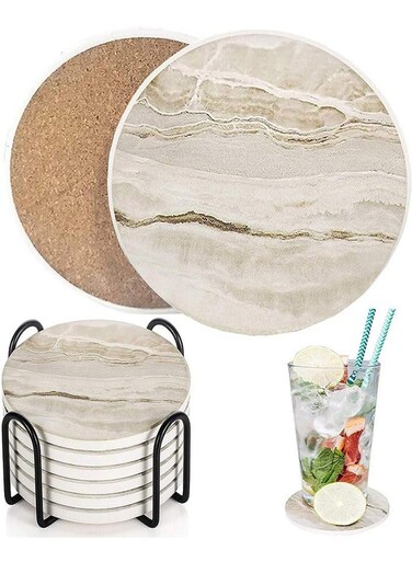 Drink Coasters with Holder, Absorbent Coaster Sets of 6, Marble Style Ceramic Drink Coaster for Tabletop Protection,Suitable for Kinds of Cups, Wooden Table