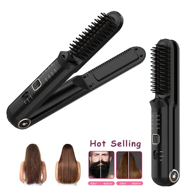 2-in-1 Portable Flat Iron &amp; Straightening Brush LH-2201 - Black