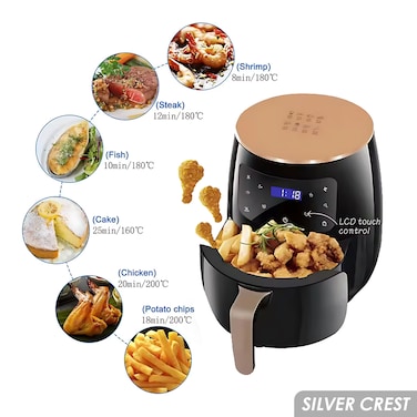 2400W Air Fryer with 6 Litre Extra Large Capacity, Digital Display, Touch Temperature Control System, For Cooking, Frying and Baking, SilverCrest S-18